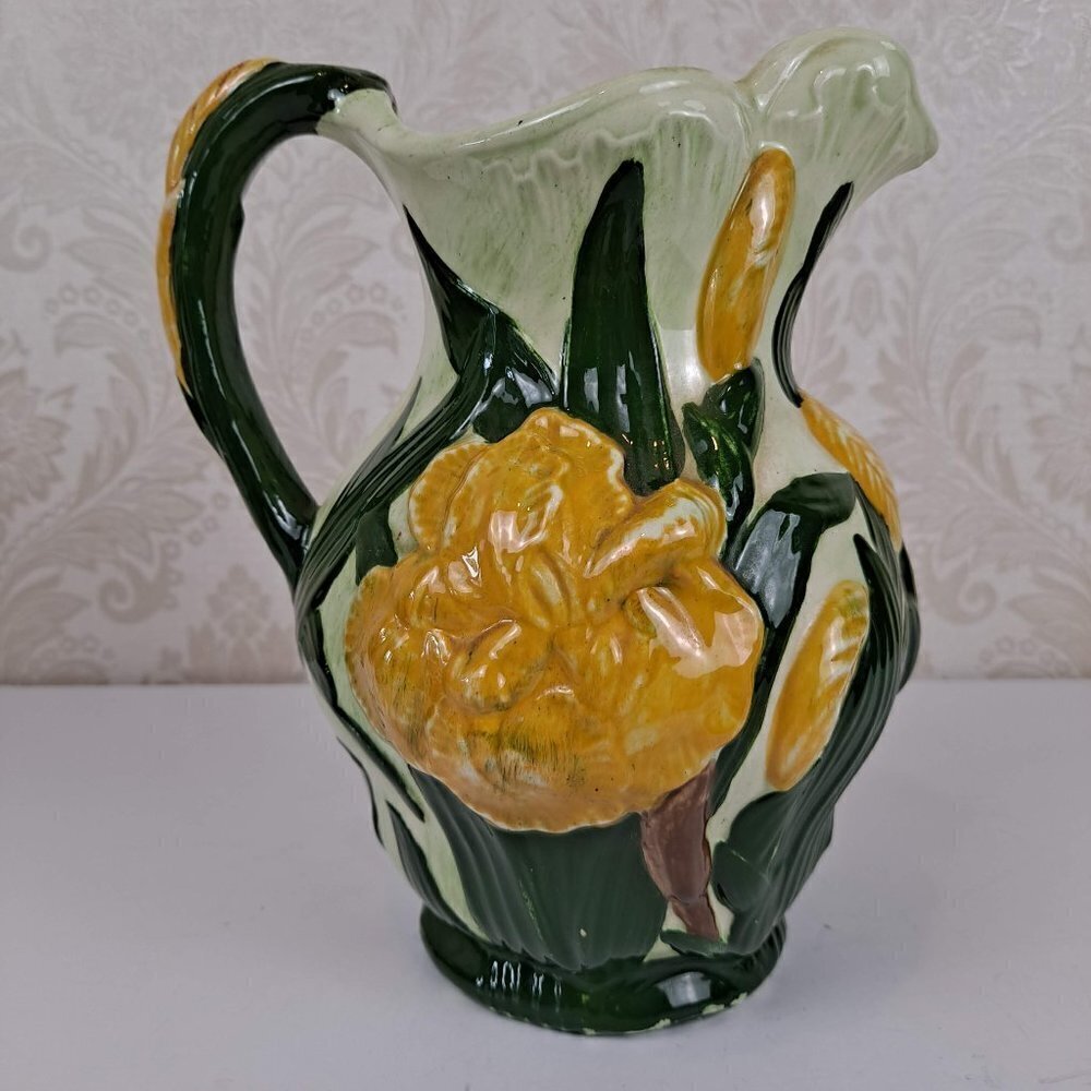 Handcrafted Ceramic Iris Pitcher Signed By The Artist Vintage1970s Green Yellow